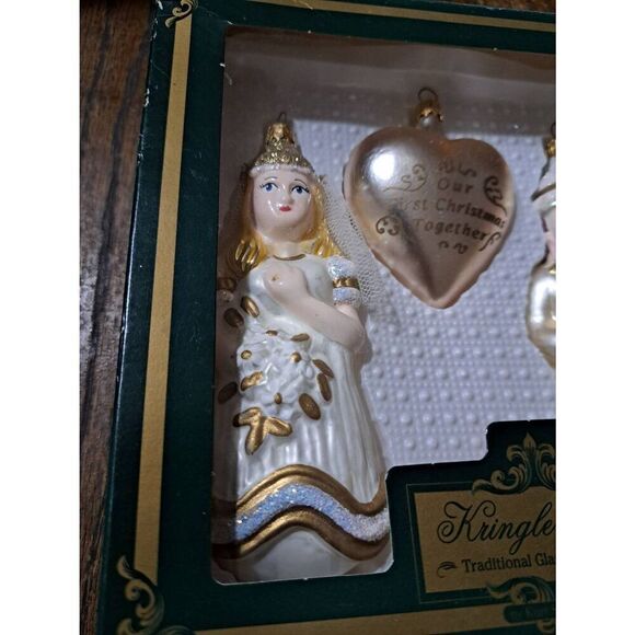 Kringle Glass Kurt S Adler Ornament Set Bride Groom Couple Heart 1st Christmas - Picture 2 of 6